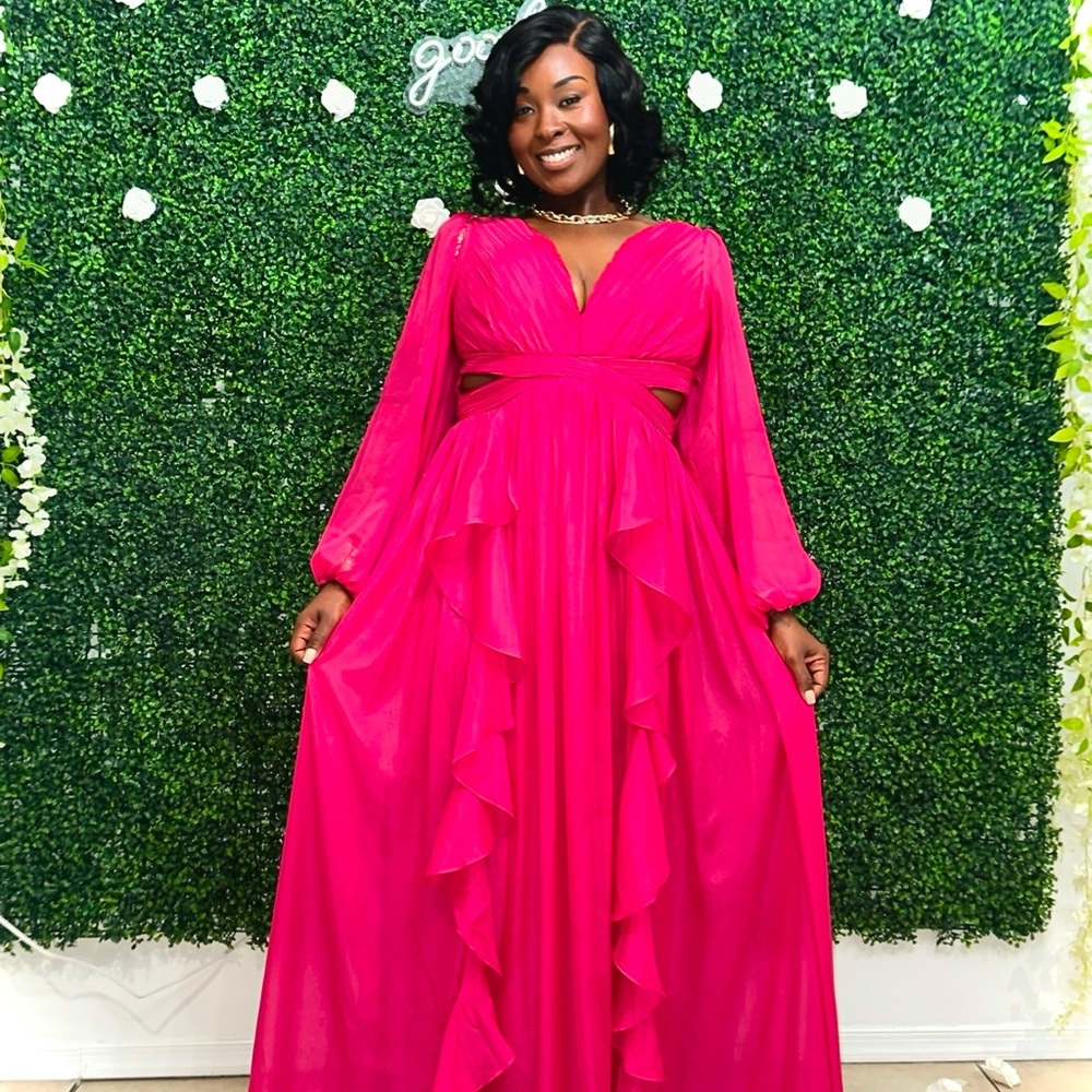 Fashion Nova Hot Pink Long Sleeve Ruffle Maxi Dress